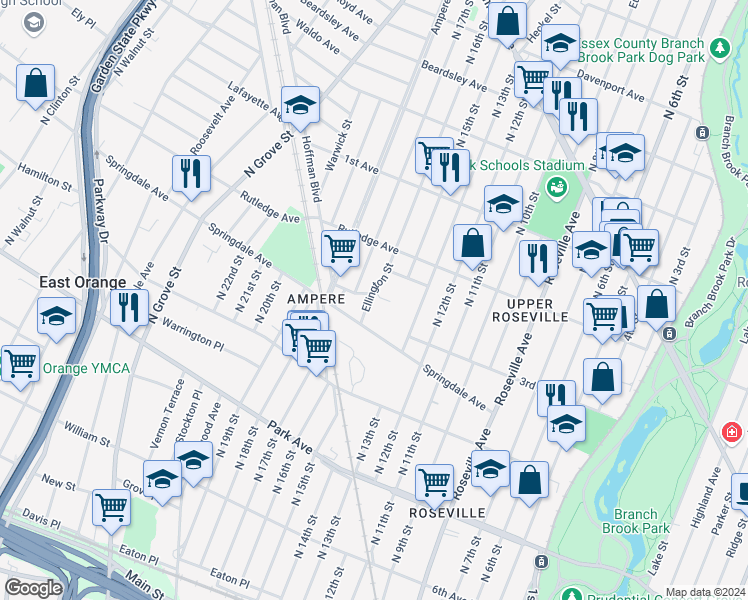 map of restaurants, bars, coffee shops, grocery stores, and more near 28 Ellington Street in East Orange