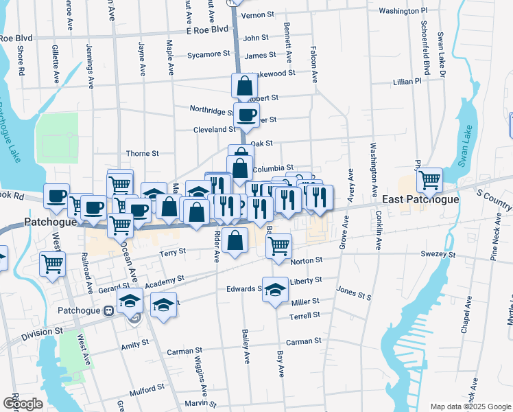 map of restaurants, bars, coffee shops, grocery stores, and more near 17 Medford Avenue in Patchogue