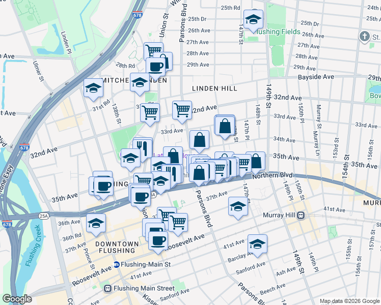 map of restaurants, bars, coffee shops, grocery stores, and more near in Queens