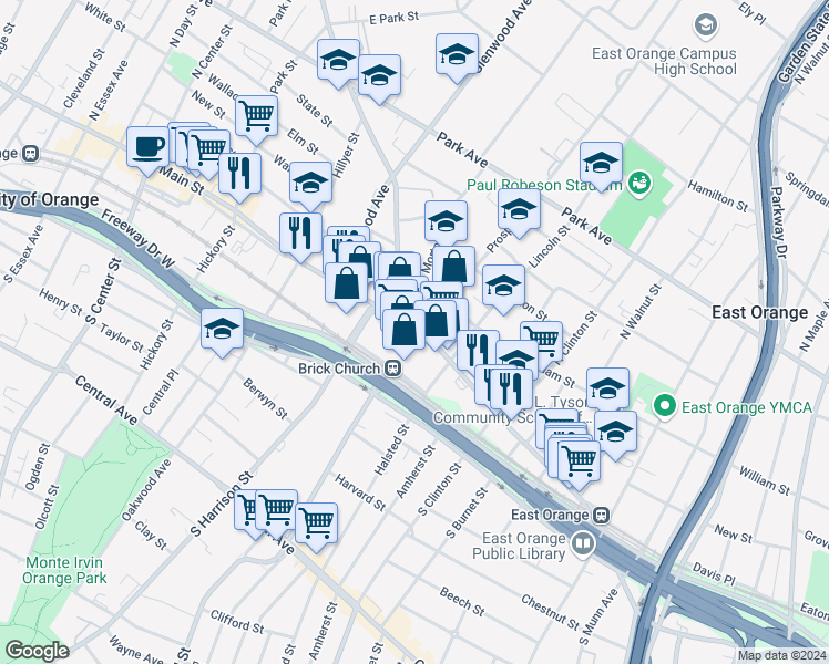 map of restaurants, bars, coffee shops, grocery stores, and more near 539 Doctor Martin Luther King Junior Boulevard in East Orange