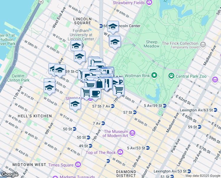 map of restaurants, bars, coffee shops, grocery stores, and more near 222 West 58th Street in New York