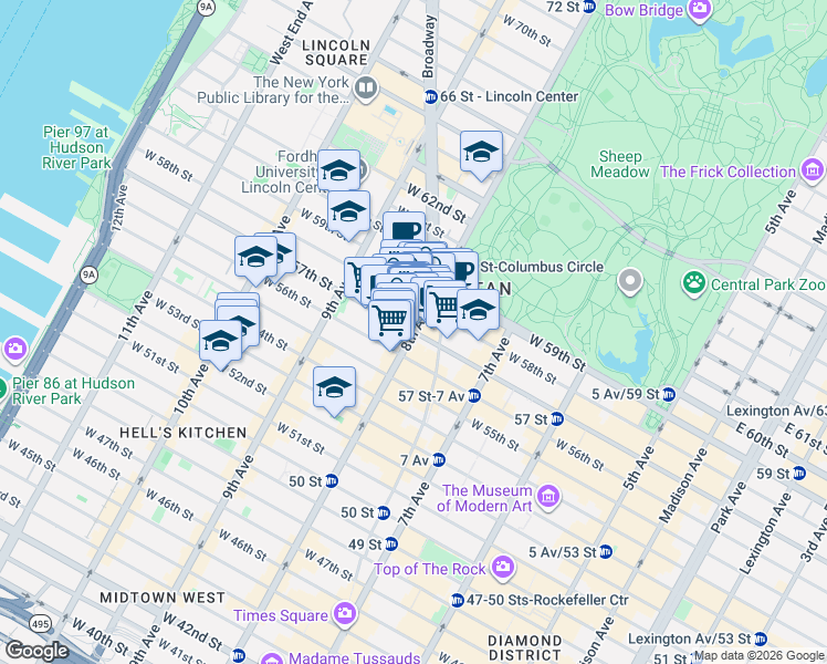 map of restaurants, bars, coffee shops, grocery stores, and more near 8th Ave & W 57th St in New York