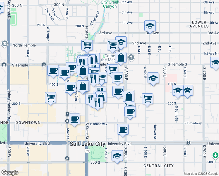 map of restaurants, bars, coffee shops, grocery stores, and more near 101 South 200 East in Salt Lake City