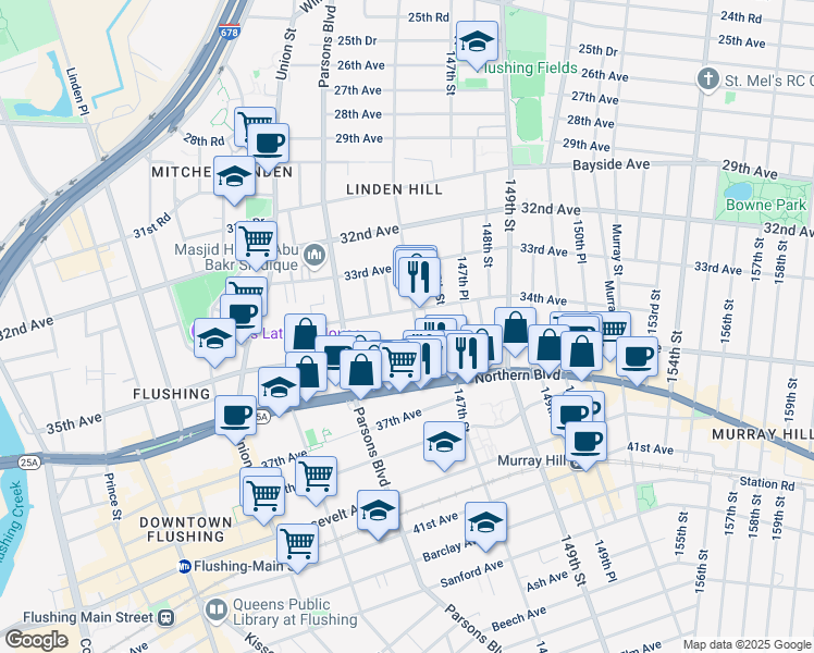 map of restaurants, bars, coffee shops, grocery stores, and more near 34-5 146th Street in Queens