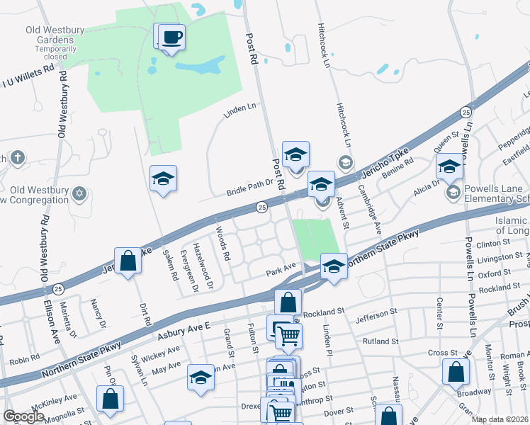 map of restaurants, bars, coffee shops, grocery stores, and more near 8 Rugby Road in Westbury