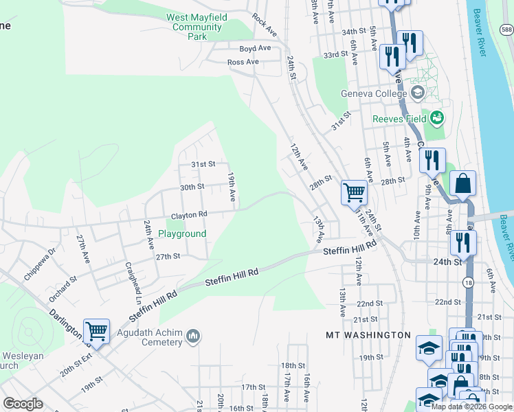 map of restaurants, bars, coffee shops, grocery stores, and more near 1888 Clayton Road in Beaver Falls