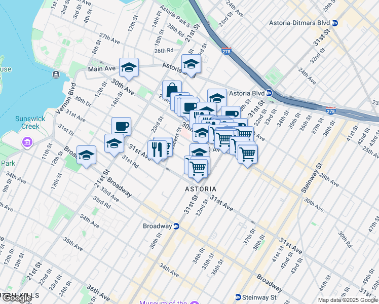 map of restaurants, bars, coffee shops, grocery stores, and more near 25-40 30th Road in Queens