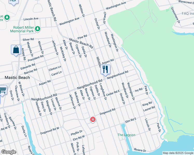 map of restaurants, bars, coffee shops, grocery stores, and more near 133 Longfellow Drive in Mastic Beach