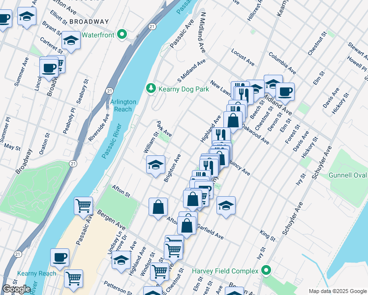 map of restaurants, bars, coffee shops, grocery stores, and more near 10 Trinity Place in Kearny