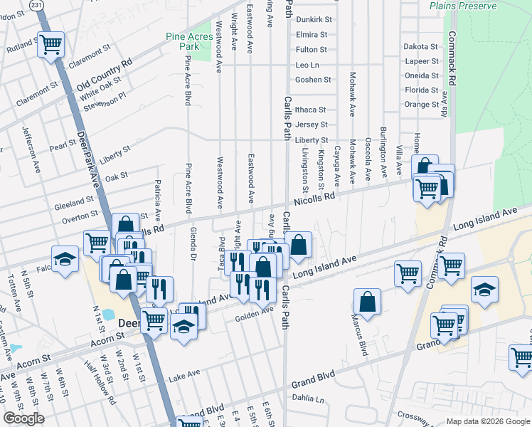 map of restaurants, bars, coffee shops, grocery stores, and more near 84,86 Irving Avenue in Deer Park