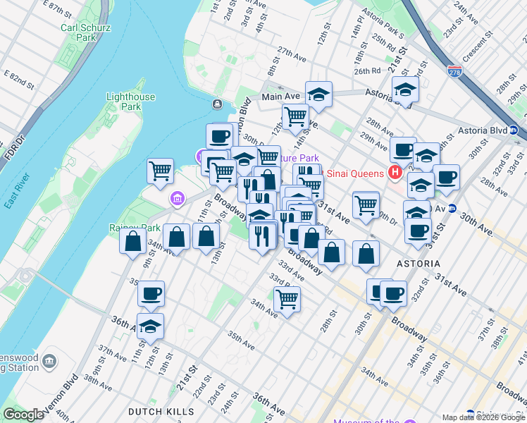 map of restaurants, bars, coffee shops, grocery stores, and more near 31-53 14th Street in Queens