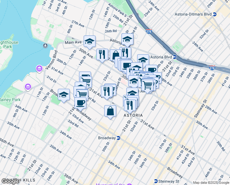 map of restaurants, bars, coffee shops, grocery stores, and more near 30-83 Crescent Street in Queens