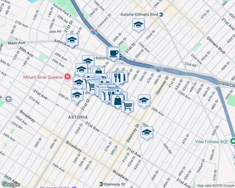map of restaurants, bars, coffee shops, grocery stores, and more near 28-19 33rd Street in Queens