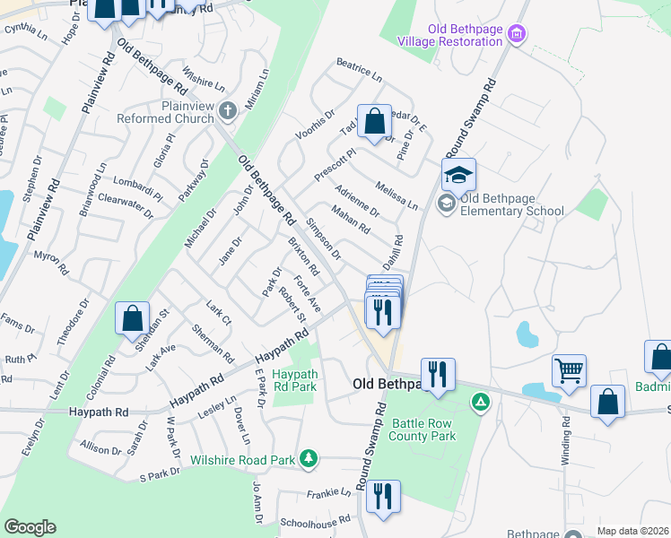 map of restaurants, bars, coffee shops, grocery stores, and more near 18 Simpson Drive in Old Bethpage