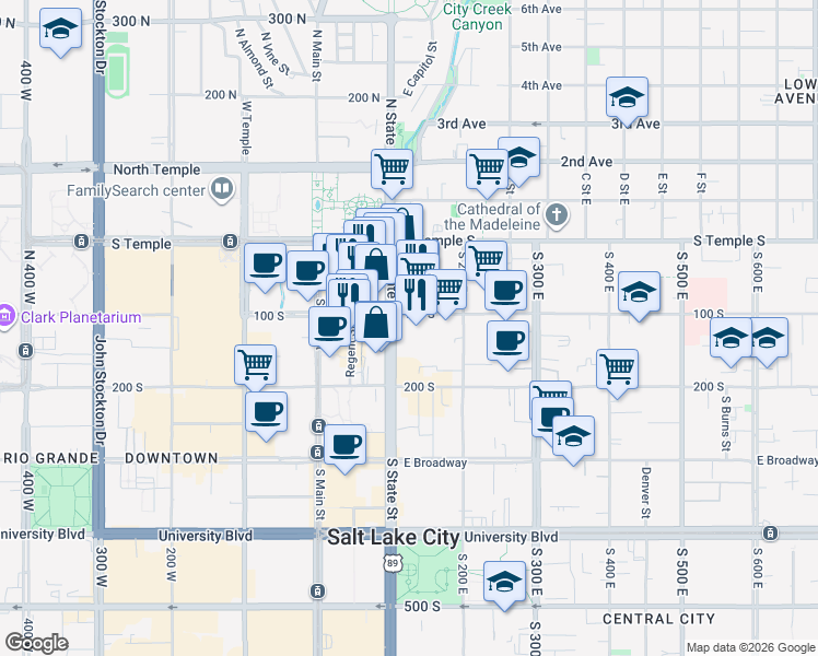 map of restaurants, bars, coffee shops, grocery stores, and more near 125 South State Street in Salt Lake City