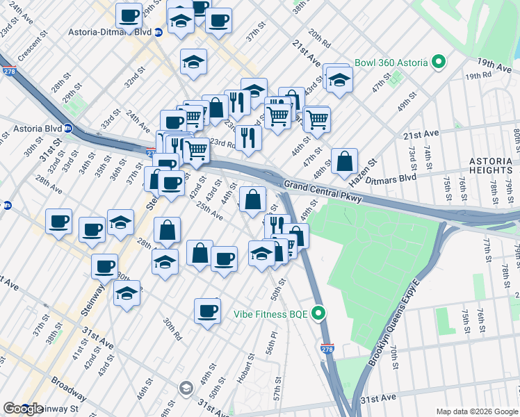 map of restaurants, bars, coffee shops, grocery stores, and more near 24-29 45th Street in Queens