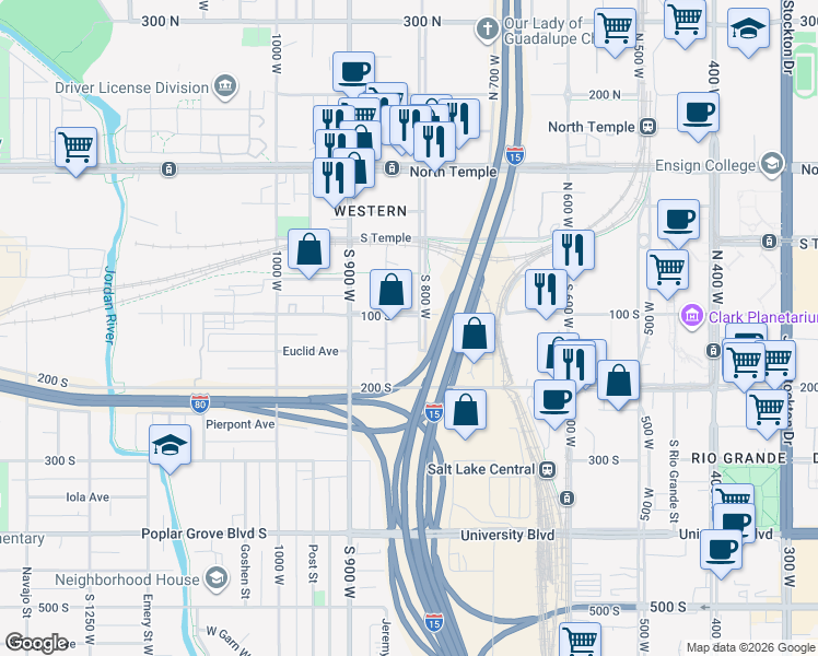 map of restaurants, bars, coffee shops, grocery stores, and more near 815 West 100 South in Salt Lake City