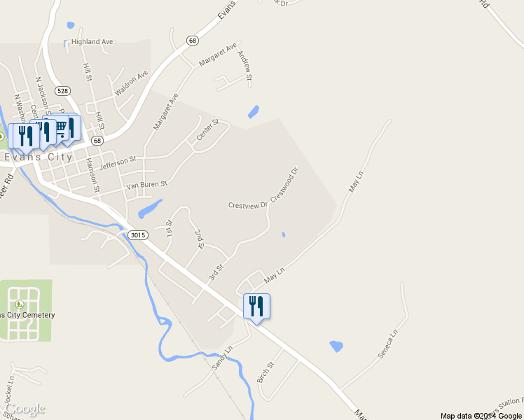 map of restaurants, bars, coffee shops, grocery stores, and more near 101 Crestview Drive in Evans City