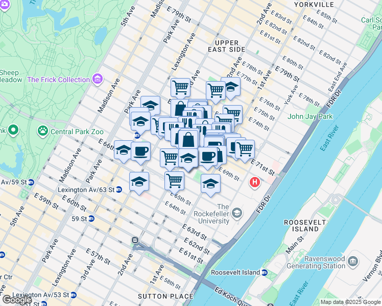 map of restaurants, bars, coffee shops, grocery stores, and more near 300 East 69th Street in New York