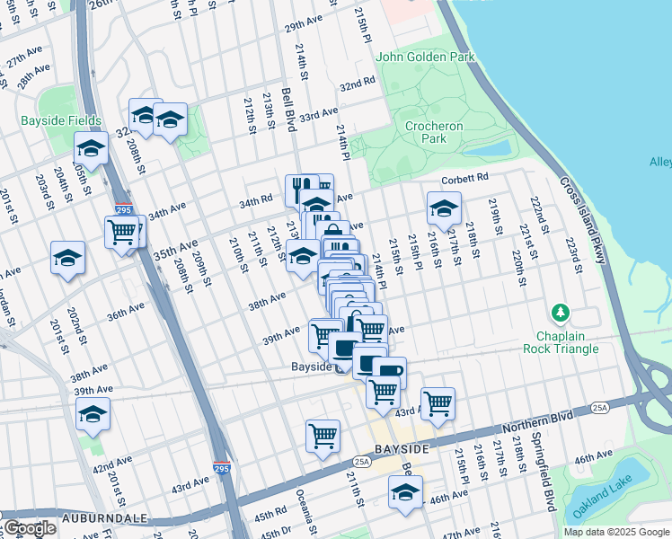 map of restaurants, bars, coffee shops, grocery stores, and more near 36-36 Bell Boulevard in Queens