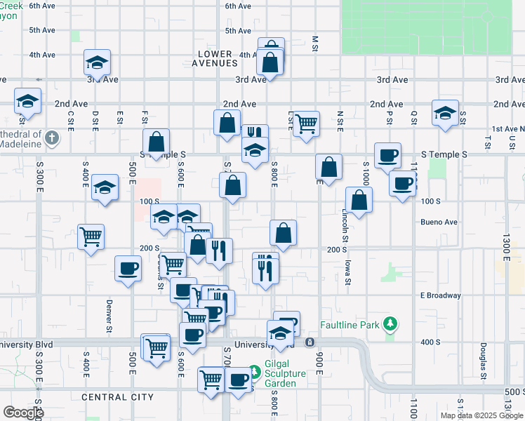 map of restaurants, bars, coffee shops, grocery stores, and more near 110 South 800 East in Salt Lake City