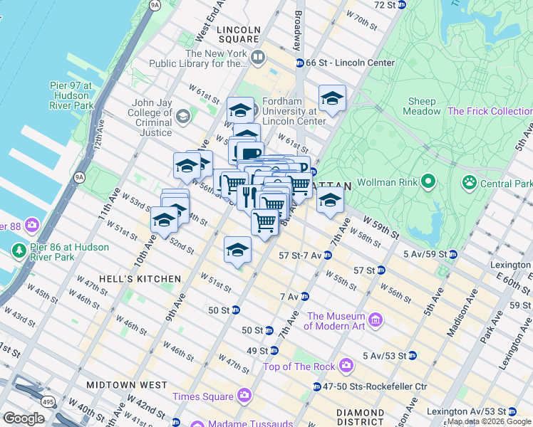 map of restaurants, bars, coffee shops, grocery stores, and more near 322 West 57th Street in New York