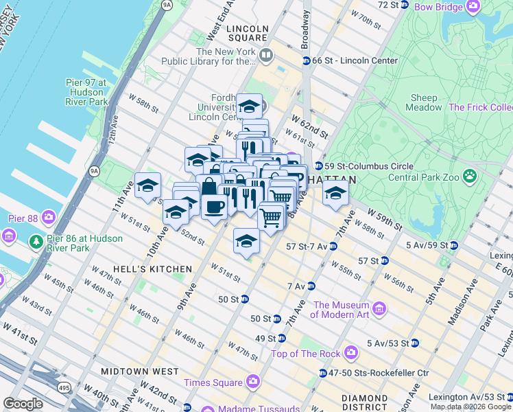 map of restaurants, bars, coffee shops, grocery stores, and more near in New York