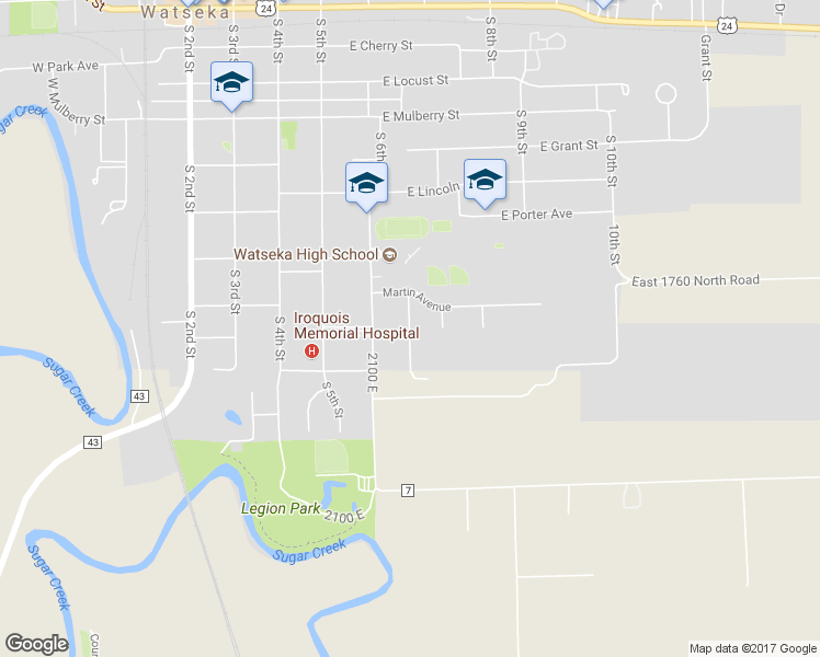 map of restaurants, bars, coffee shops, grocery stores, and more near South Hanson Drive in Watseka