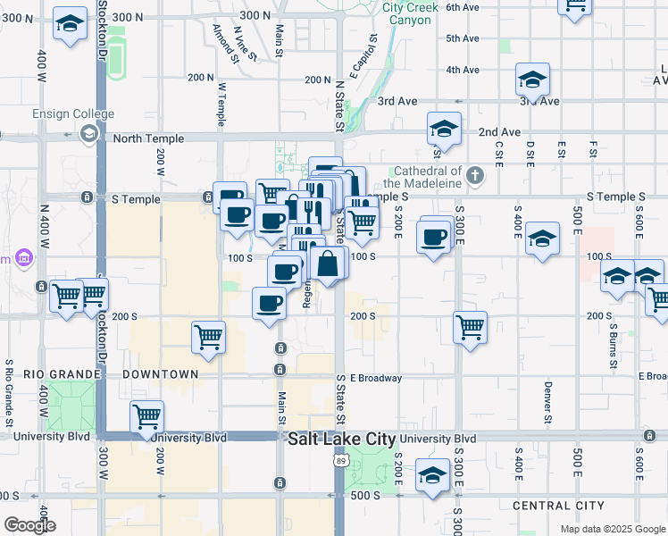 map of restaurants, bars, coffee shops, grocery stores, and more near 110 State Street in Salt Lake City