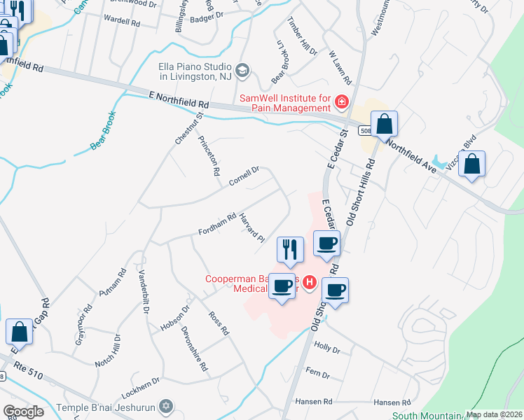 map of restaurants, bars, coffee shops, grocery stores, and more near 7 Fordham Road in Livingston