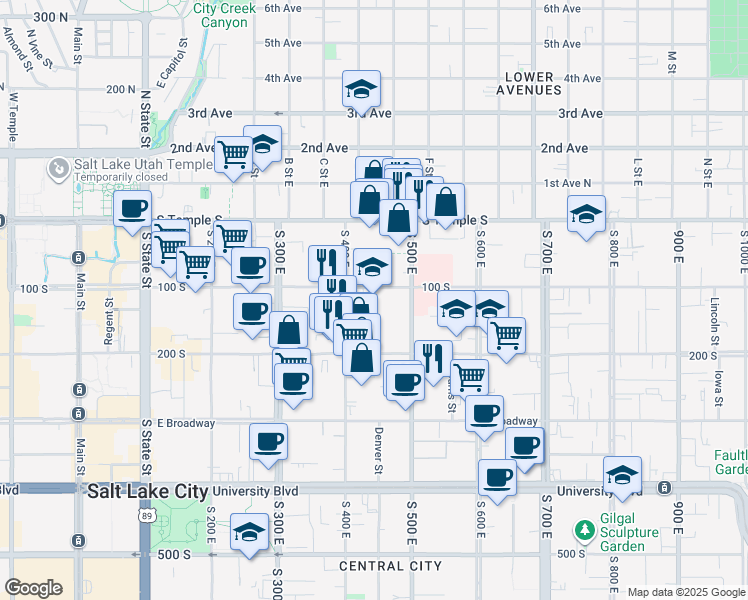 map of restaurants, bars, coffee shops, grocery stores, and more near 440 East 100 South in Salt Lake City