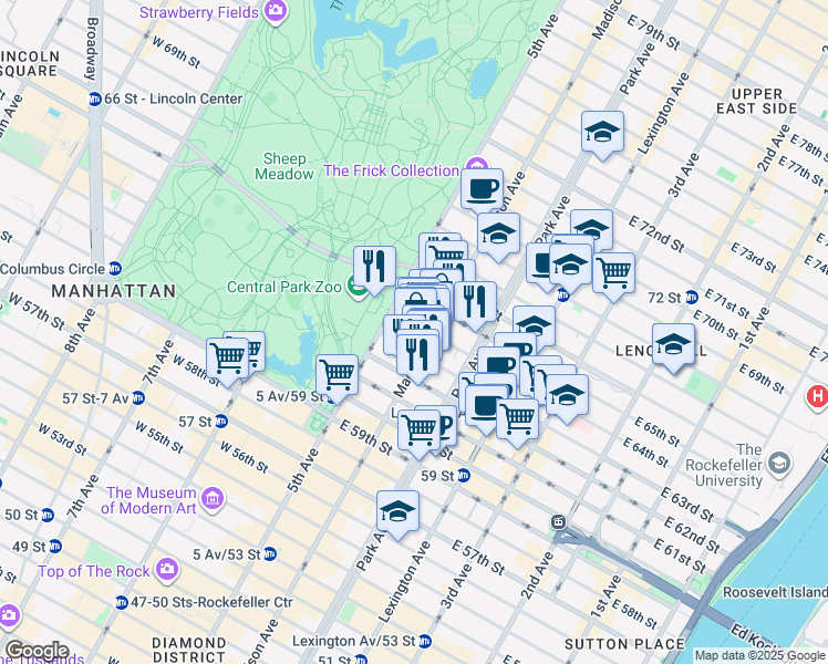 map of restaurants, bars, coffee shops, grocery stores, and more near 20 East 64th Street in New York