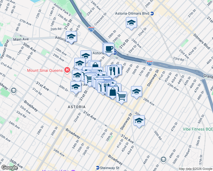 map of restaurants, bars, coffee shops, grocery stores, and more near 28-25 33rd Street in Queens