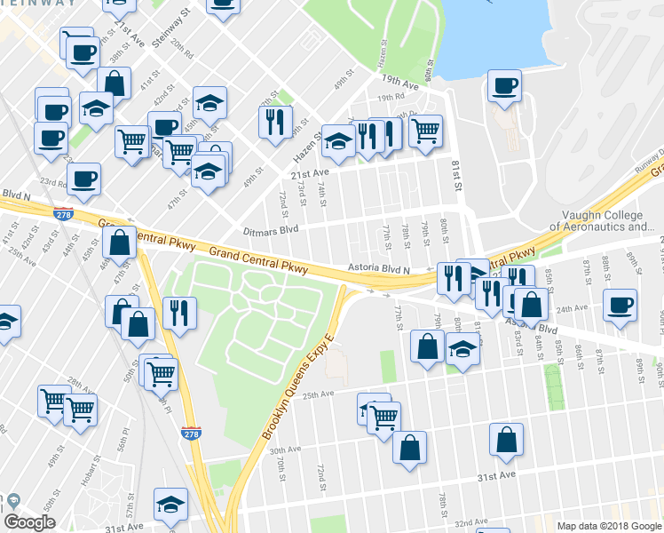 map of restaurants, bars, coffee shops, grocery stores, and more near Astoria Blvd N & 74th St in Queens