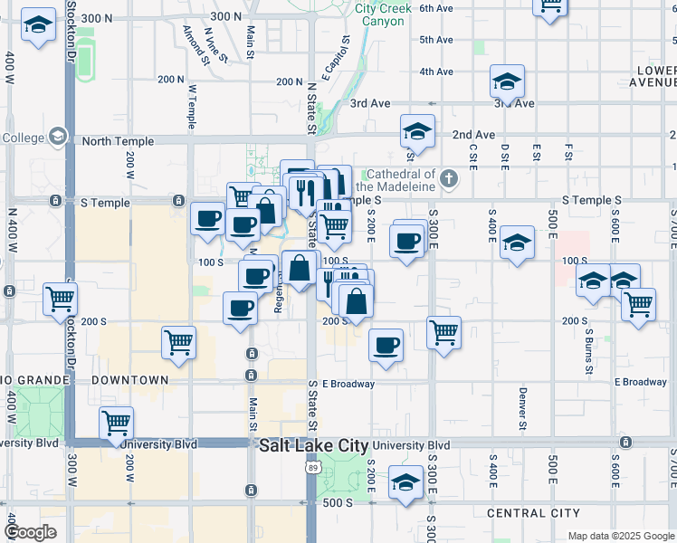 map of restaurants, bars, coffee shops, grocery stores, and more near 125 State Street in Salt Lake City