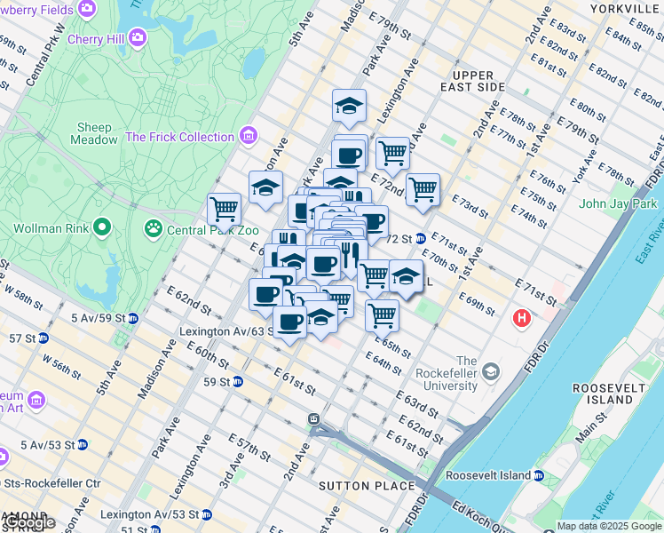 map of restaurants, bars, coffee shops, grocery stores, and more near 163 East 67th Street in New York