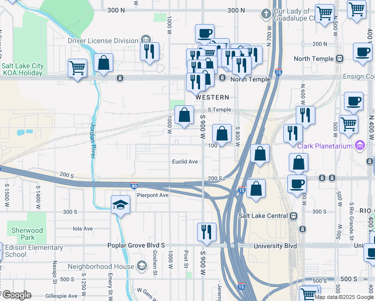 map of restaurants, bars, coffee shops, grocery stores, and more near 931 W 100 S in Salt Lake City