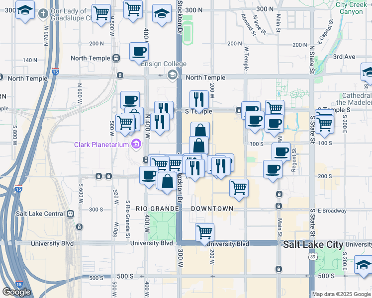 map of restaurants, bars, coffee shops, grocery stores, and more near 111 South 300 West in Salt Lake City