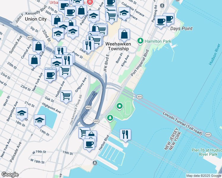 map of restaurants, bars, coffee shops, grocery stores, and more near 57 Kingswood Road in Weehawken