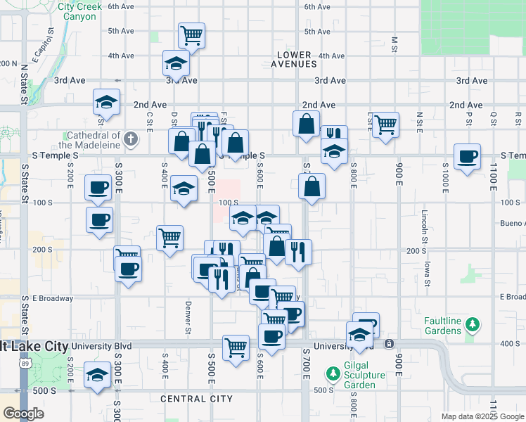 map of restaurants, bars, coffee shops, grocery stores, and more near 101 South 600 East in Salt Lake City