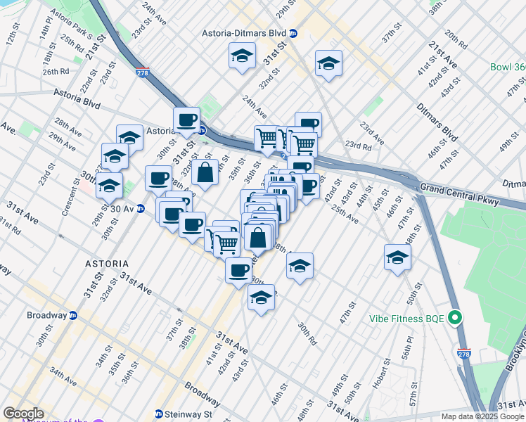 map of restaurants, bars, coffee shops, grocery stores, and more near 25-72 Steinway Street in Queens