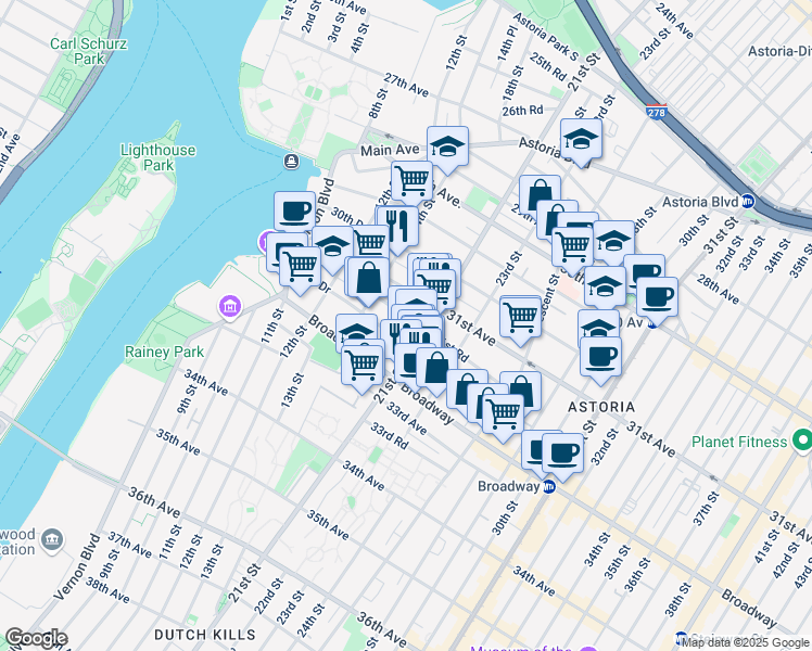 map of restaurants, bars, coffee shops, grocery stores, and more near 14-48 31st Road in Queens
