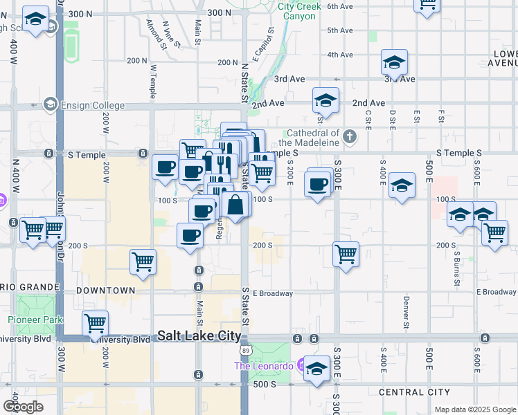 map of restaurants, bars, coffee shops, grocery stores, and more near 125 State Street in Salt Lake City