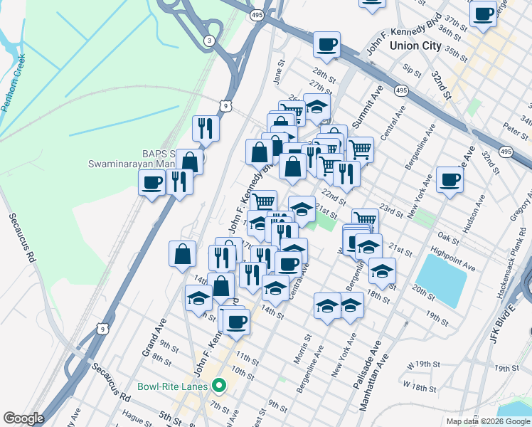 map of restaurants, bars, coffee shops, grocery stores, and more near 901 20th Street in Union City