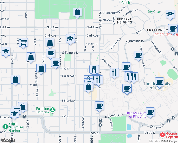 map of restaurants, bars, coffee shops, grocery stores, and more near 1250 East 100 South in Salt Lake City
