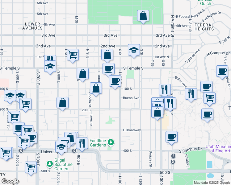 map of restaurants, bars, coffee shops, grocery stores, and more near 115 1100 East in Salt Lake City