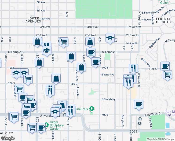 map of restaurants, bars, coffee shops, grocery stores, and more near 175 South 1000 East in Salt Lake City