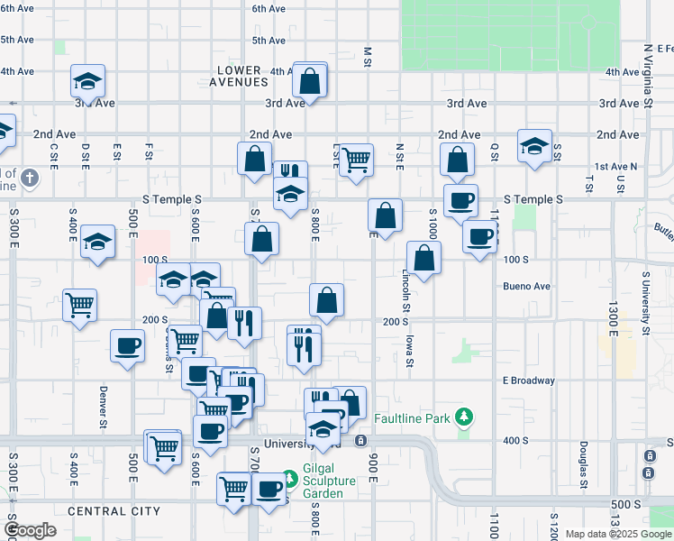 map of restaurants, bars, coffee shops, grocery stores, and more near 836 100 South in Salt Lake City