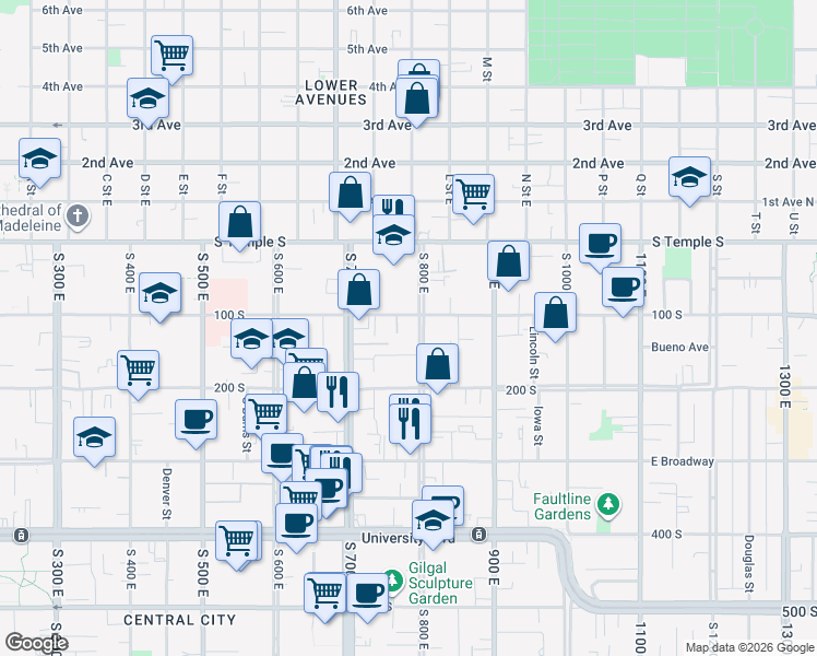 map of restaurants, bars, coffee shops, grocery stores, and more near 110 M Street in Salt Lake City