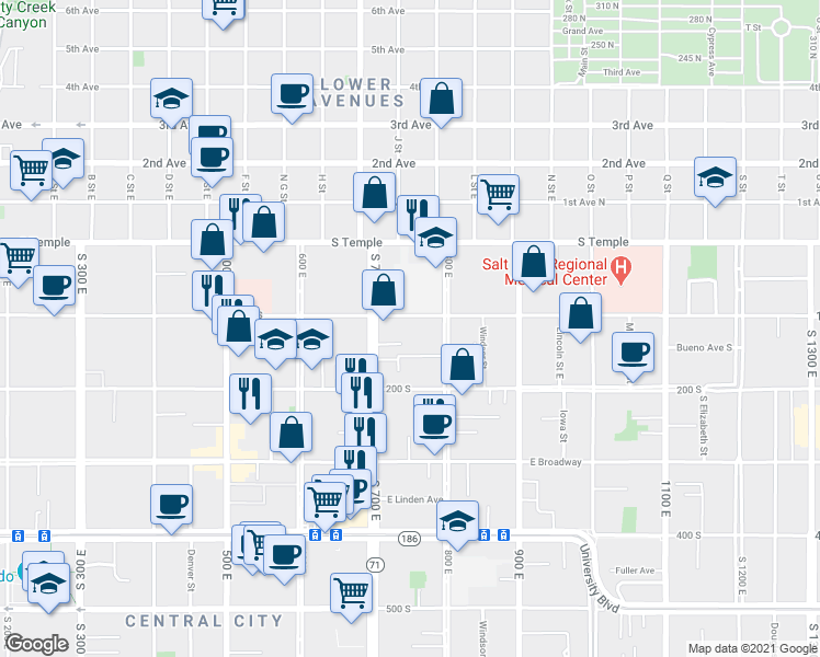 map of restaurants, bars, coffee shops, grocery stores, and more near 732 East 100 South in Salt Lake City